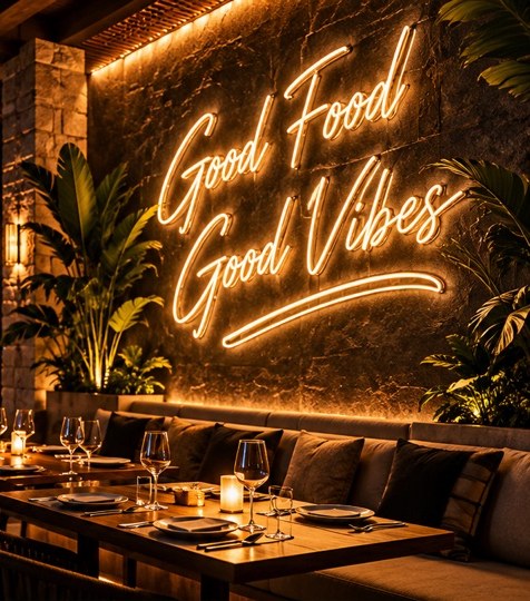 Mise en situation : néon Good Food Good Vibes au mur d'un restaurant en bord de mer